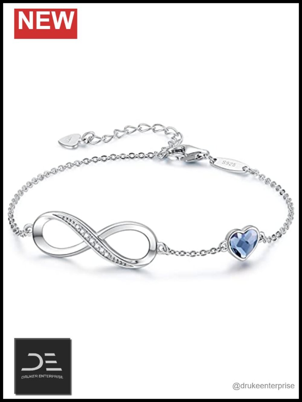 925 Sterling Silver Infinity Heart Crystal Charm Bracelet Women